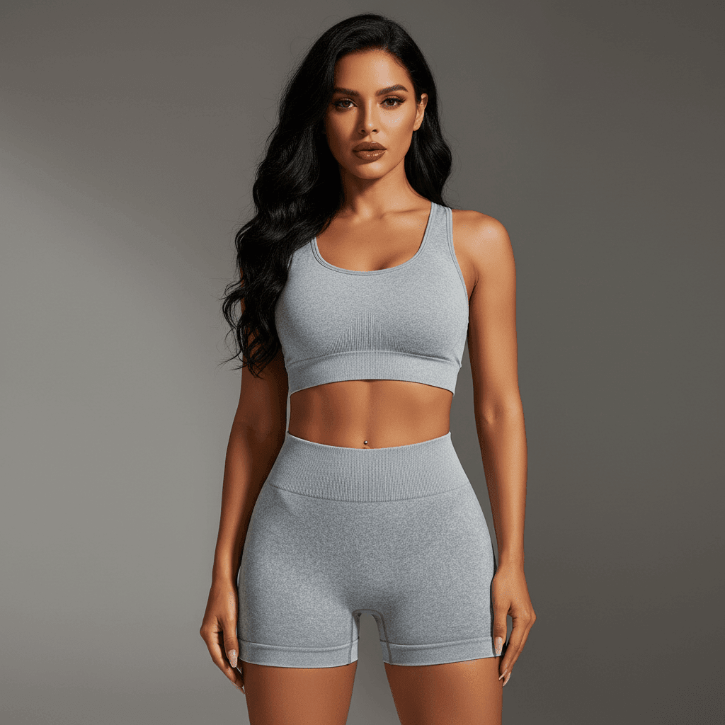 Short Yoga gris, vue de face élégante avec brassière assortie