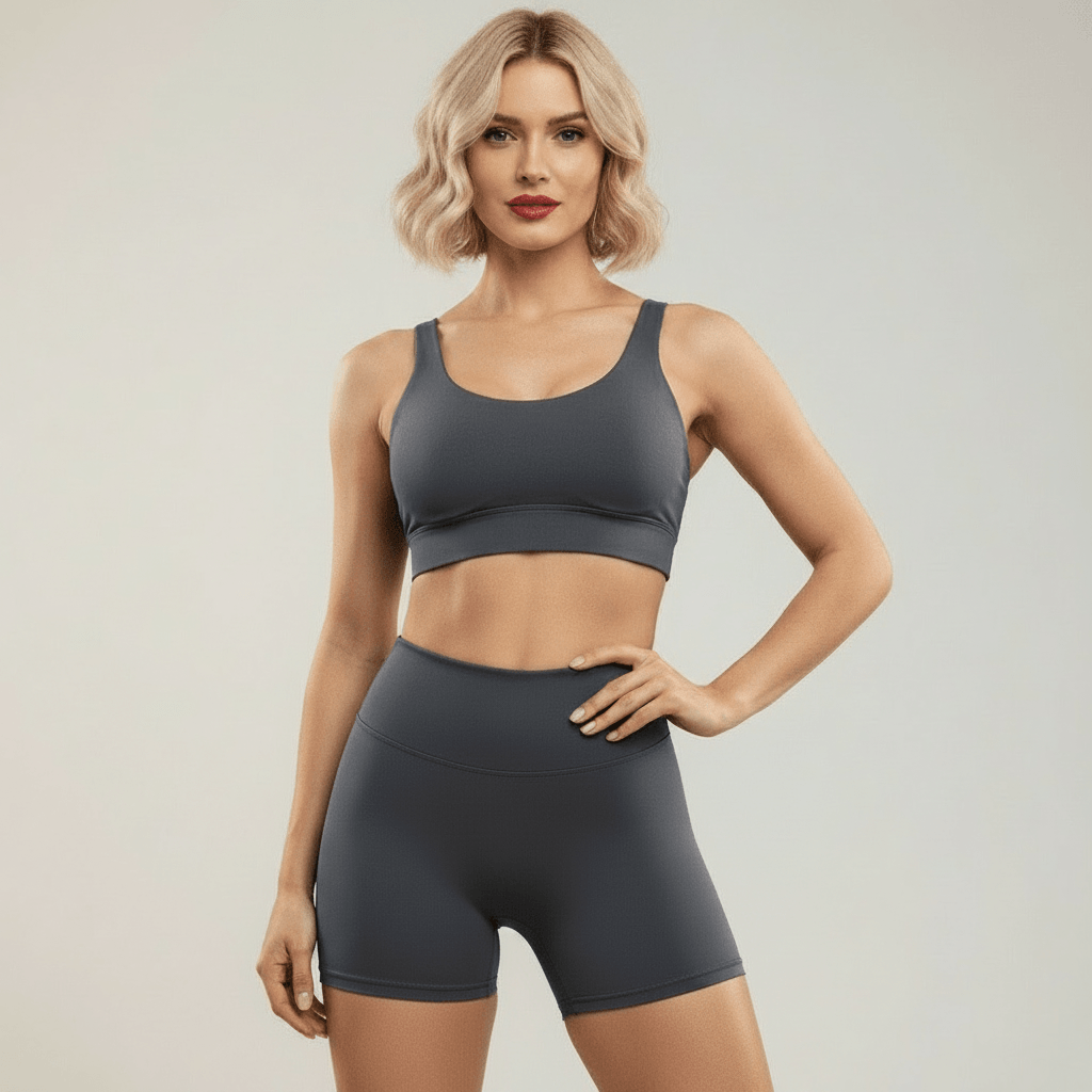 Shorty cargo gris taille haute vue de face debout – côtés lisses sans poche, ceinture haute gainante, brassière sport assortie, femme blonde carré wavy rouge à lèvres en studio ivoire