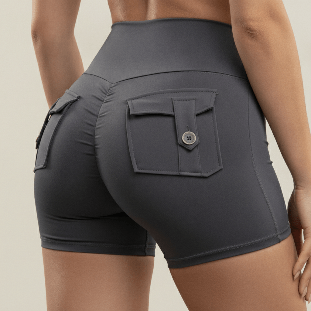 Zoom détail shorty cargo gris taille haute dos – poche cargo rabat boutonné, effet scrunch push-up fessiers, texture tissu, studio ivoire