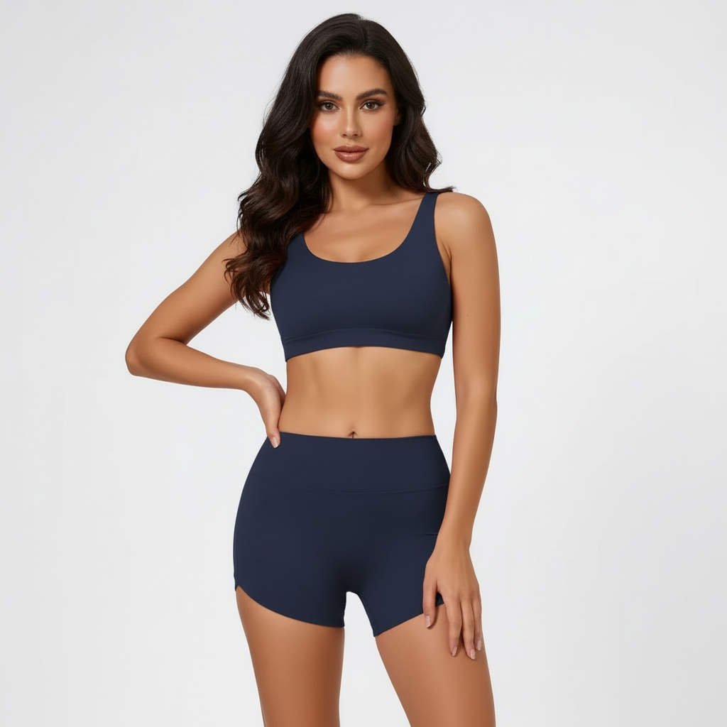 Shorty femme sport bleu marine vue de face, ensemble ajusté, taille haute