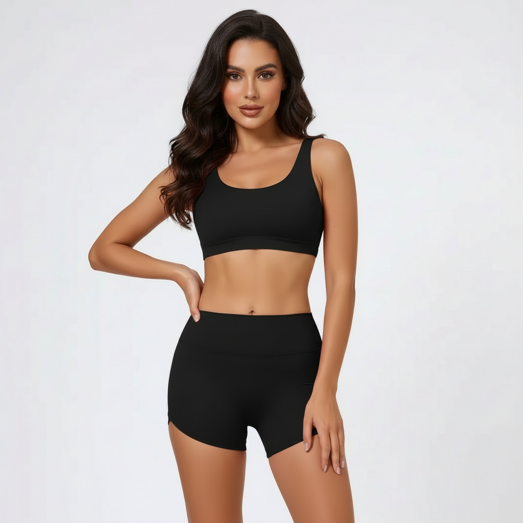 Shorty femme sport noir vue de face, ensemble ajusté, taille haute