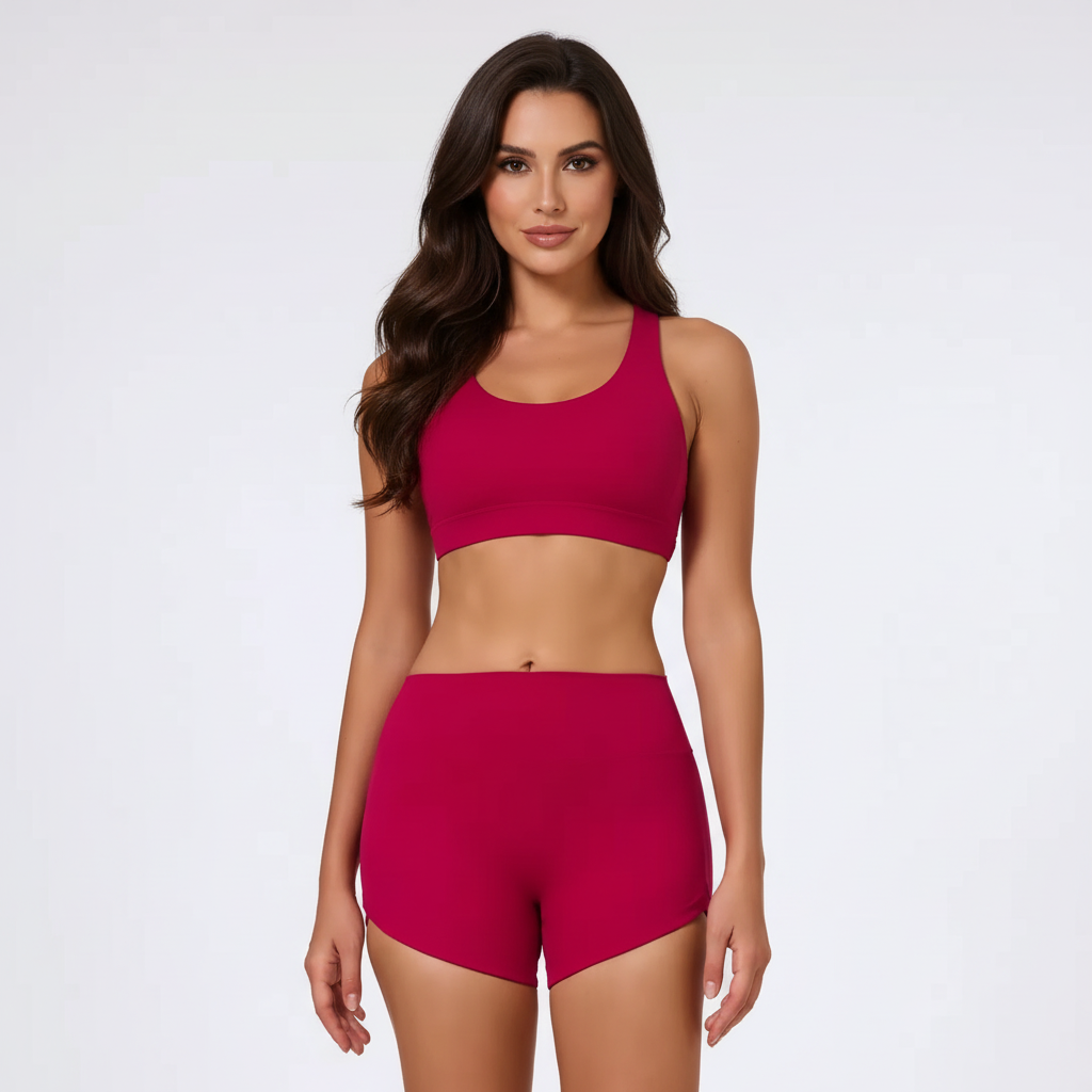 Shorty femme sport rouge vue de face, ensemble ajusté, taille haute ambiance minimaliste