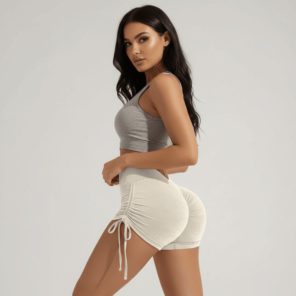 Shorty fitness femme blanc cassé profil dos, taille haute, ruching push-up, cordons latéraux