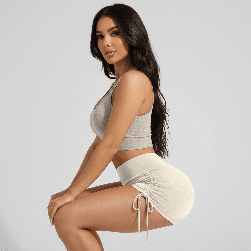 Femme sportive en chemise sans manches et short court gris, assise en profile, montrant une silhouette athlétique et respirante. Shorty fitness femme | Sculptant respirant.
