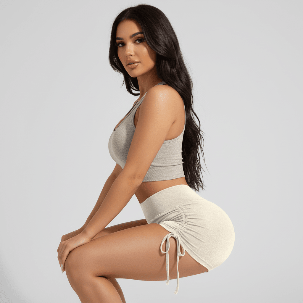  Shorty fitness femme blanc cassé squat profil, taille haute, effet butt-lifting, seamless