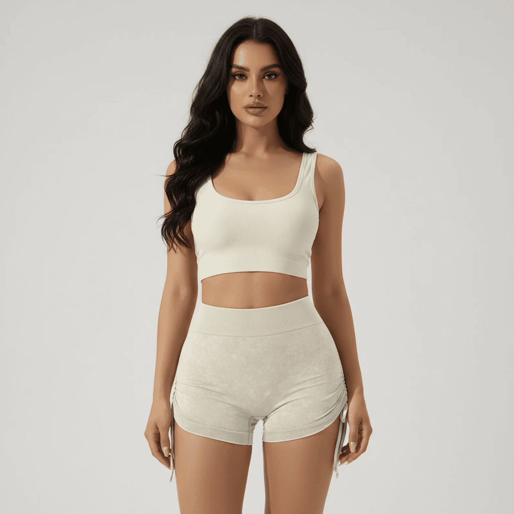 Haut et short de sport blancs, femme debout en tenue de fitness : crop top sans manches et boxer taille haute, look respirant. Shorty fitness femme | Sculptant respirant.