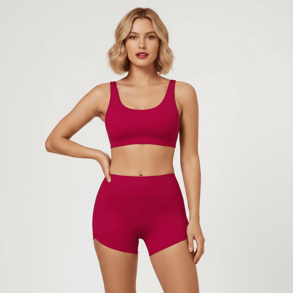 Shorty taille haute femme rouge fuchsia – pose debout bras relâchés, ensemble brassière sport femme