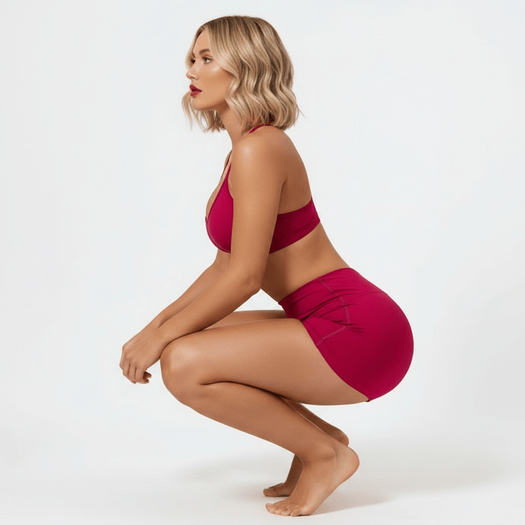 Shorty taille haute femme rouge fuchsia – pose squat vue de profil, effet scrunch push-up gainant