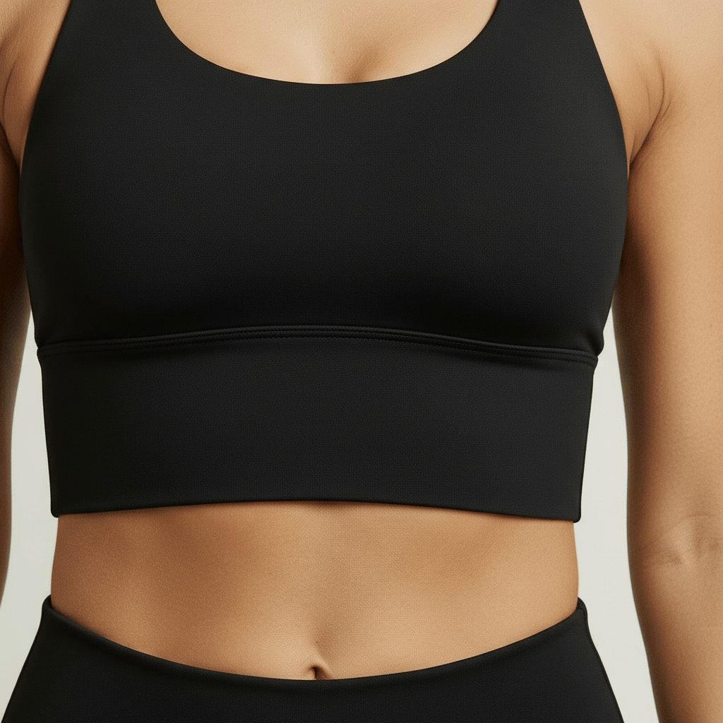 Soutien-gorge de sport femme noir racerback, zoom détail bande élastique sous poitrine maintien optimal en studio