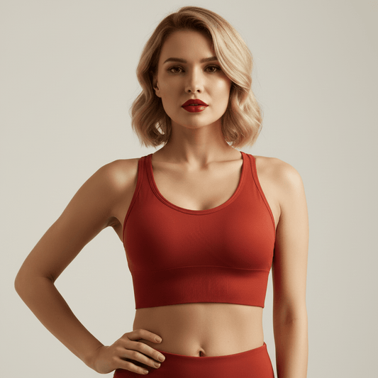 Soutien-gorge de sport femme rouge brique racerback, pose mains sur les hanches vue de face en studio