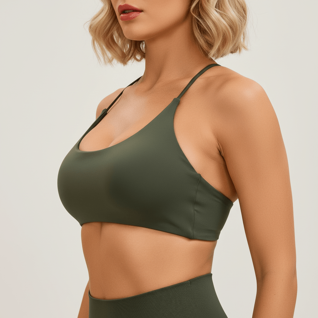 Soutien-gorge de sport femme vert olive zoom détail poitrine vue côté - POSITIFLOW