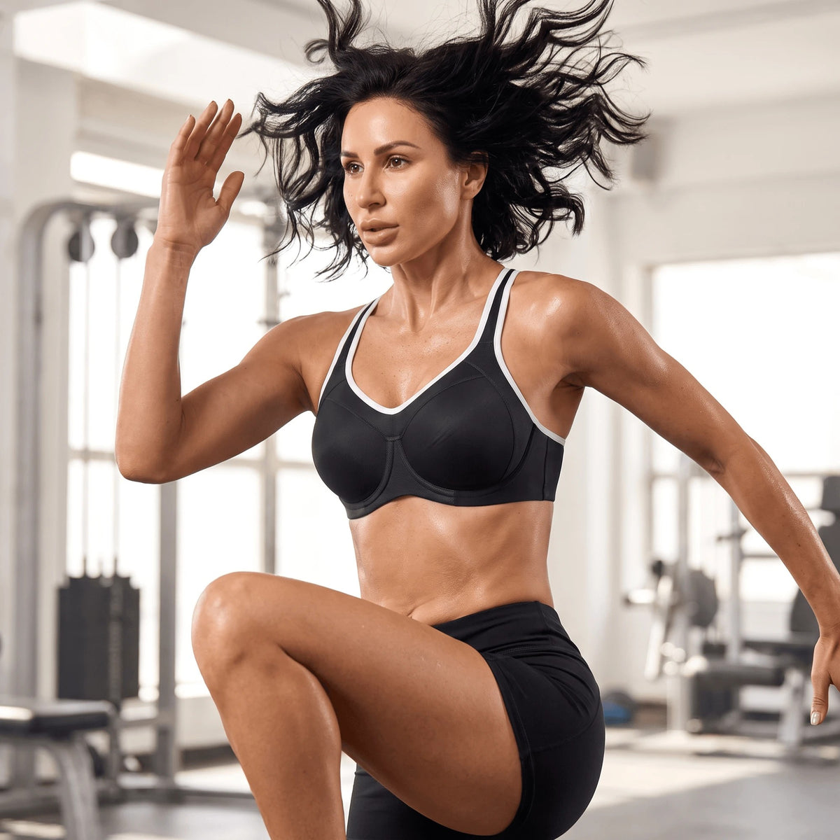 Soutien-gorge de sport noir à armatures porté en salle pendant un exercice de cardio