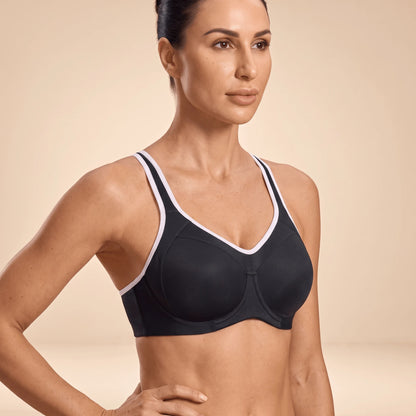 Soutien-gorge de sport noir à armatures, vue de trois quarts, bonnets encapsulés et liseré blanc