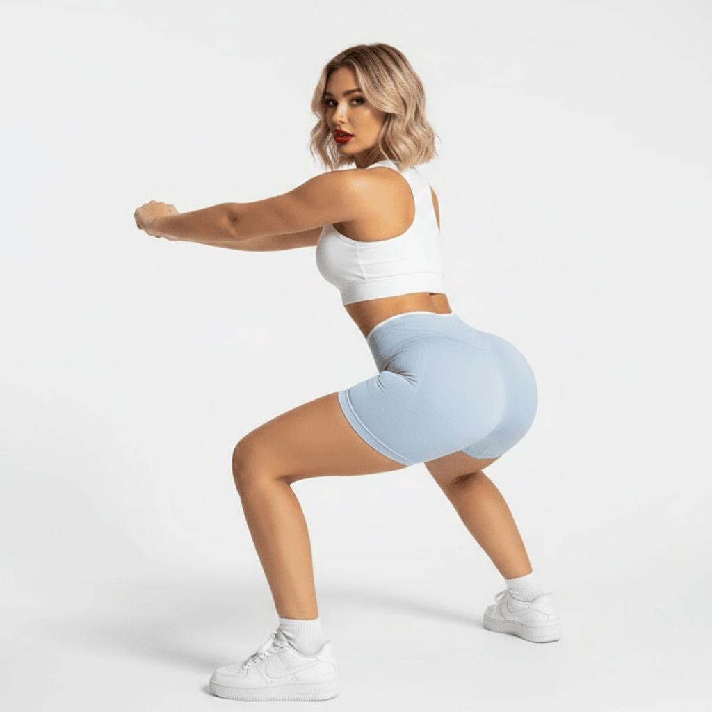 Sport short femme bleu ciel – pose squat dynamique côté, brassière blanche scrunch push-up