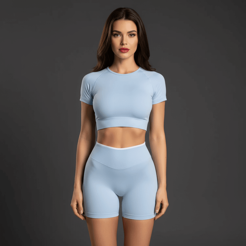 Sport short femme bleu ciel vue de face, taille haute, coupe courte, ceinture blanche pose 2