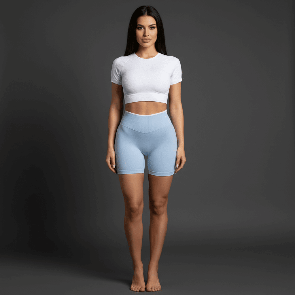 Sport short femme bleu ciel vue de face, taille haute, coupe courte, ceinture blanche
