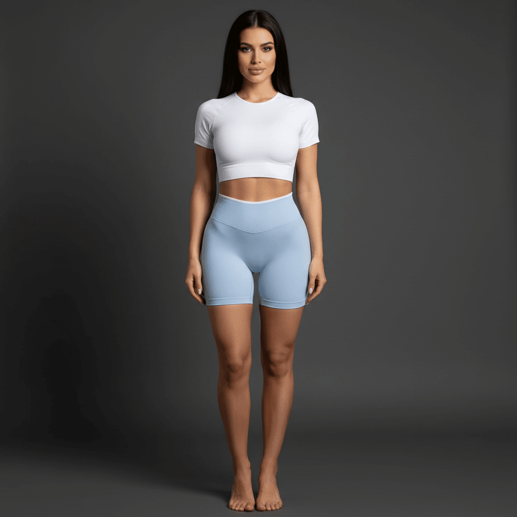 Sport short femme bleu ciel vue de face, taille haute, coupe courte, ceinture blanche