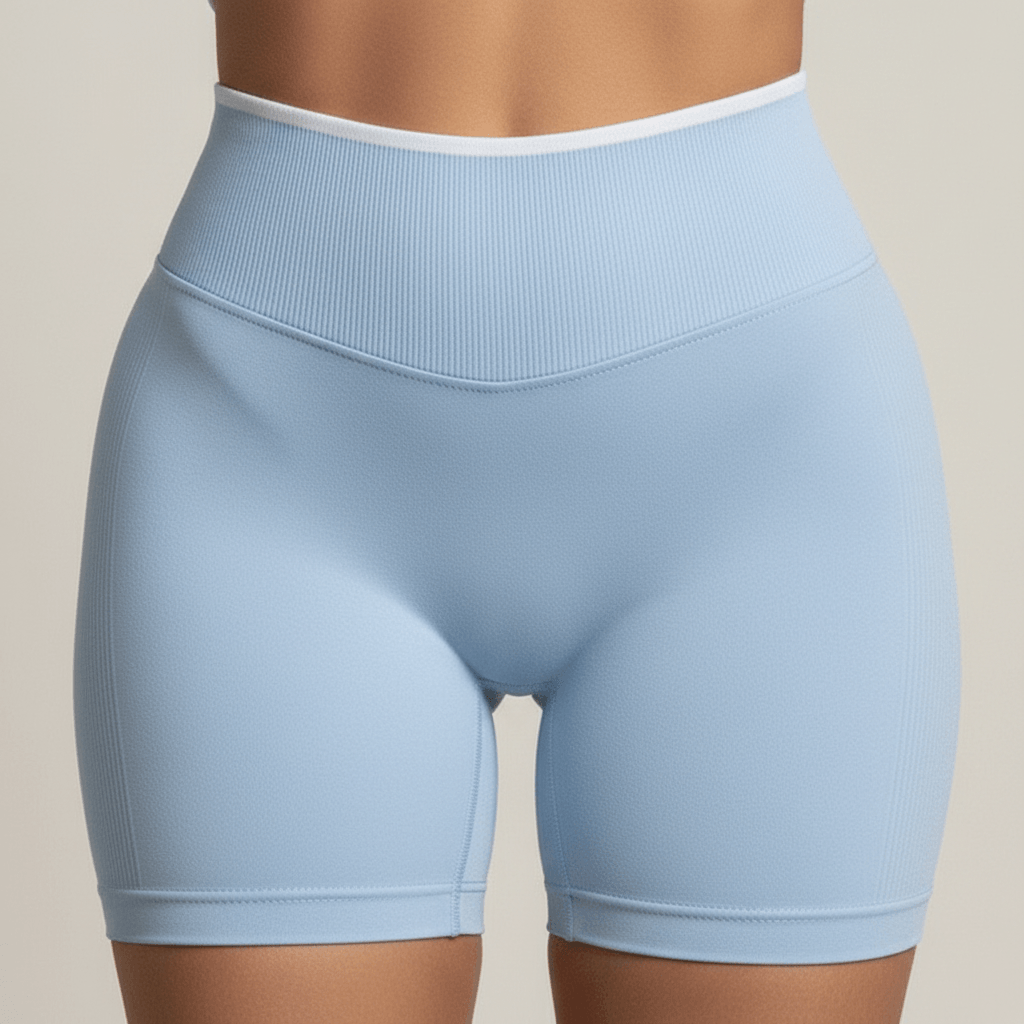 Sport short femme bleu ciel – zoom ceinture taille haute V-shape, tissu compression gainant