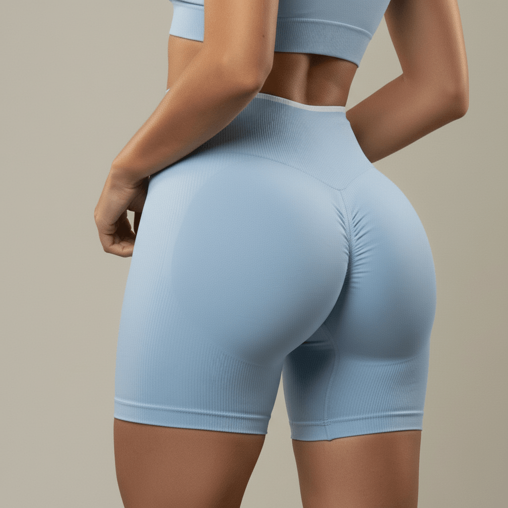 Sport short femme bleu ciel – zoom fesses effet scrunch push-up, compression sculptante gainante