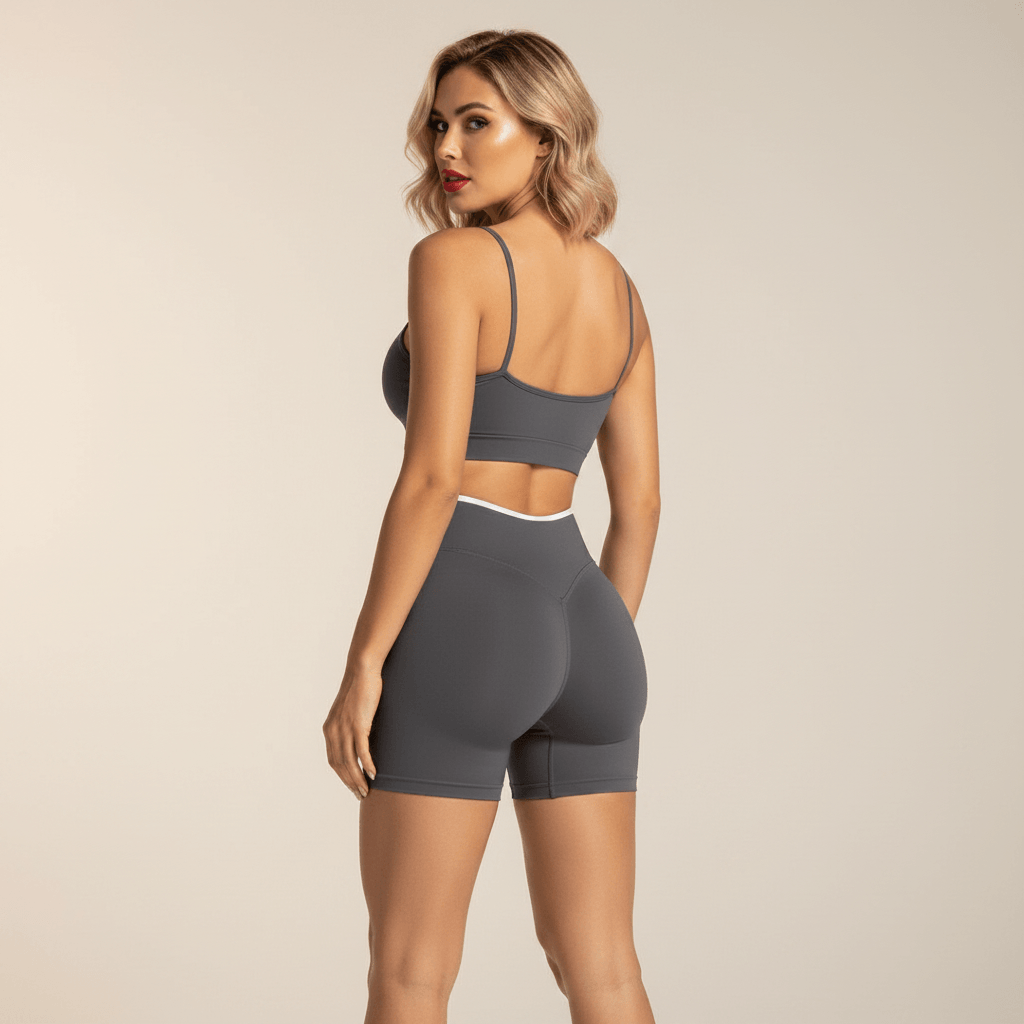 Sport short femme gris foncé – vue de dos scrunch push-up, brassière spaghetti grise, taille haute gainante