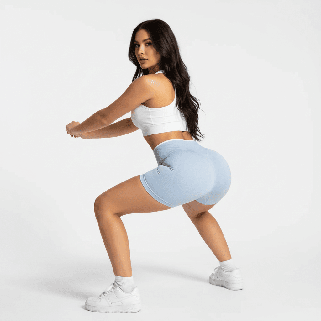 Sport short femme noir squat vue de dos, taille haute, matière lisse