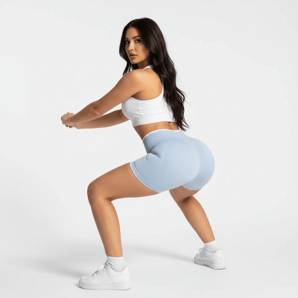 Sport short femme noir squat vue de dos, taille haute, matière lisse