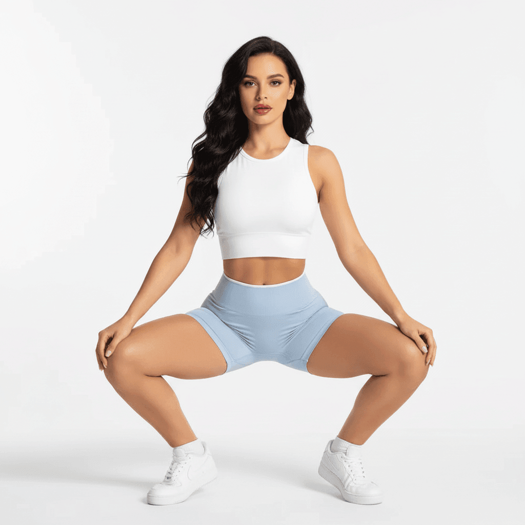 Sport short femme noir squat vue de face, taille haute, coupe courte
