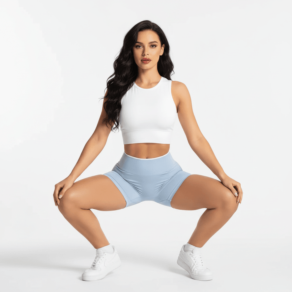 Sport short femme noir squat vue de face, taille haute, coupe courte
