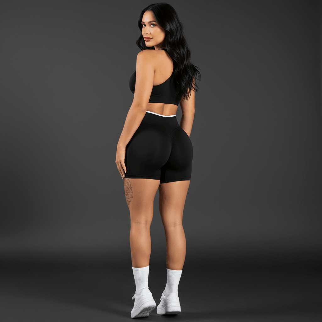 Sport Short noir femme vue de dos sur fond gris sombre - short taille haute galbant effet push up