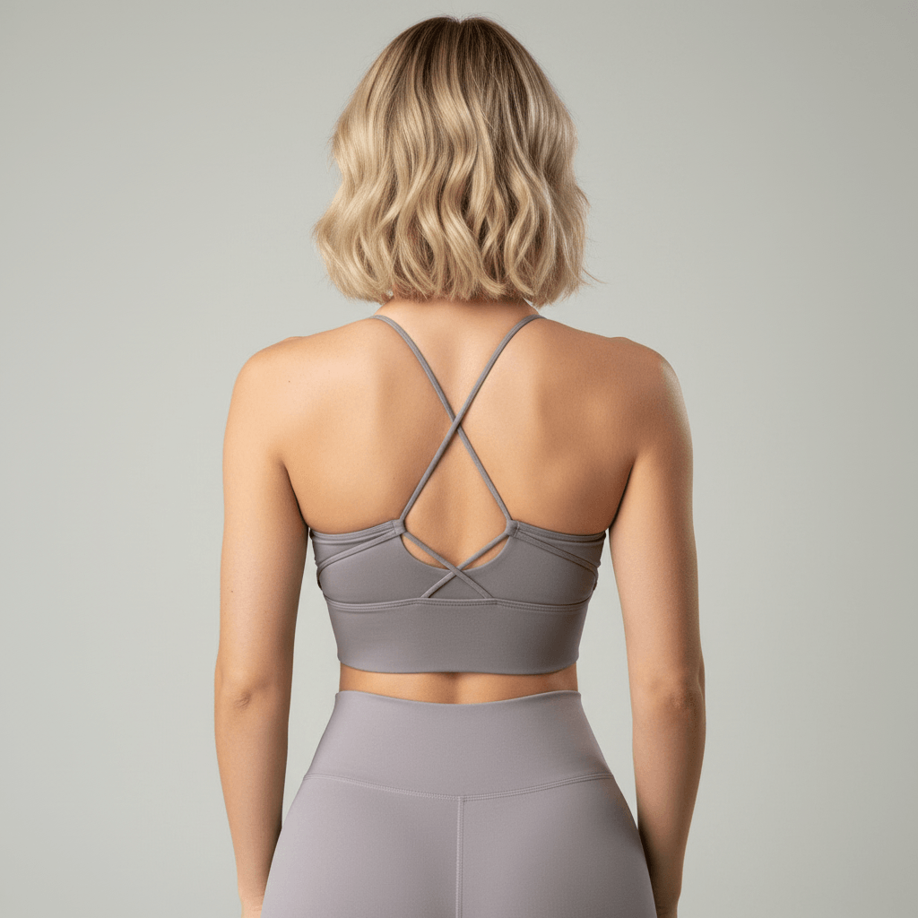  Sports Yoga Bra gris, vue 3/4 dos, straps croisés, portée avec shorts gris taille haute, studio minimaliste gris clair.