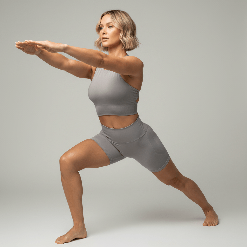 Sports Yoga Bra gris, pose fente yoga dynamique avec bras étendus, portée avec shorts gris, studio minimaliste gris clair.
