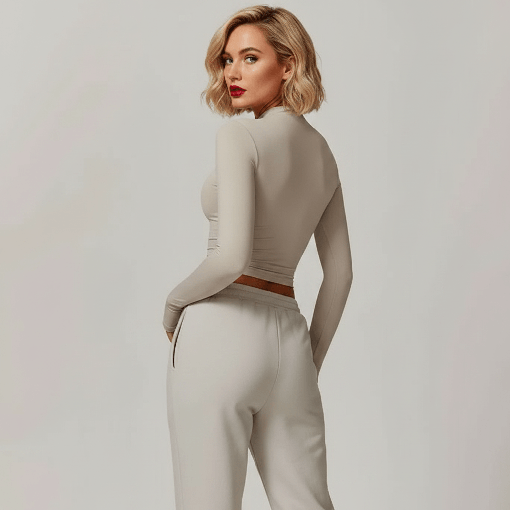 T-shirt col montant femme manches longues beige crop top ajusté avec pantalon jogging coordonné vue de dos studio