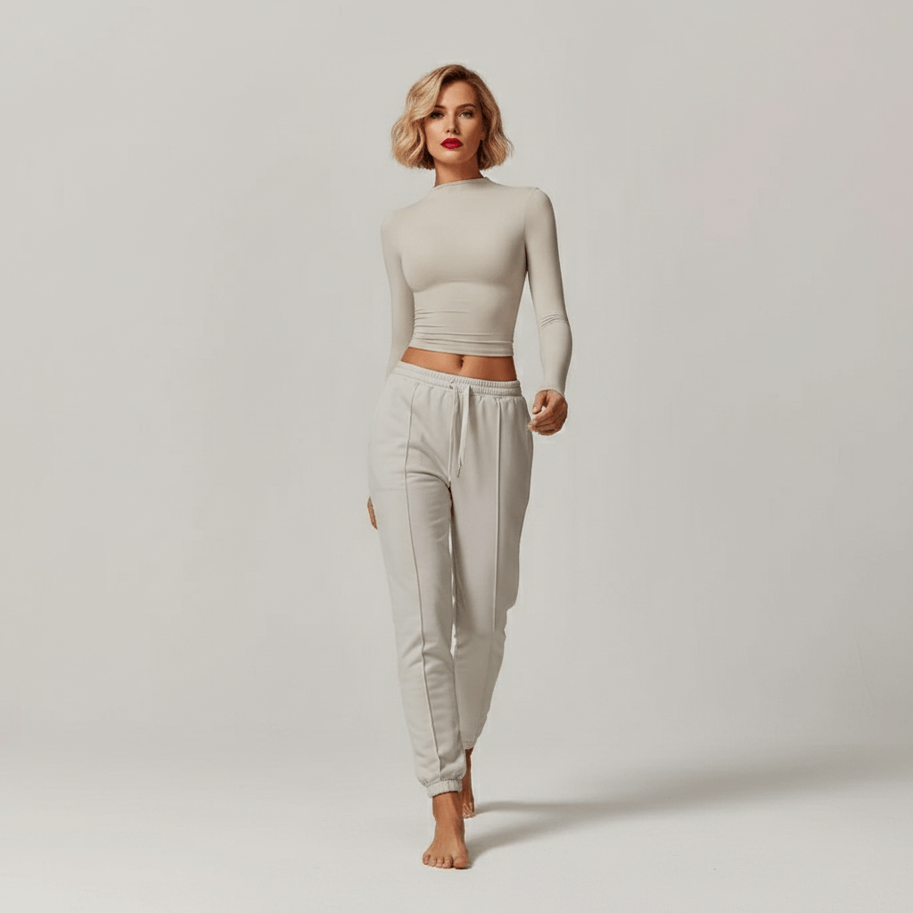 T-shirt col montant femme manches longues beige crop top ajusté avec pantalon jogging coordonné pose marche studio