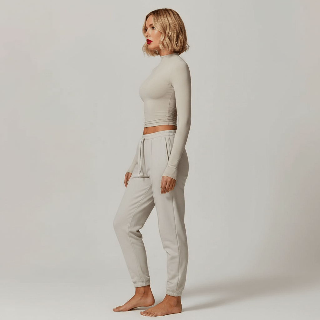 T-shirt col montant femme manches longues beige crop top ajusté avec pantalon jogging coordonné vue de profil studio