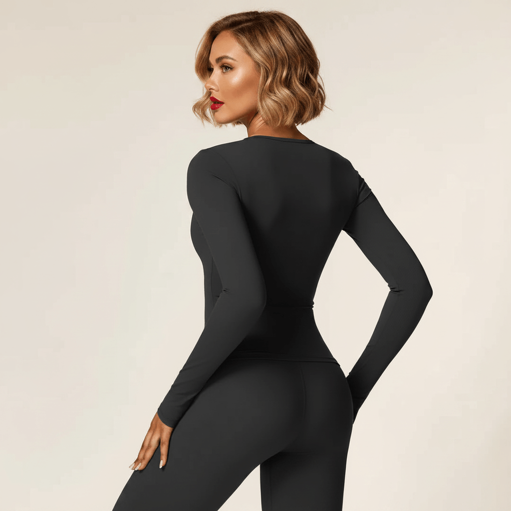 T-shirt compression femme manches longues noir – vue de dos, silhouette gainée, femme blonde carré wavy fond studio ivoire