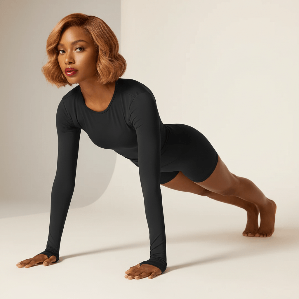 T-shirt compression femme manches longues noir – pose planche gainage, compression et maintien sport, fond studio ivoire