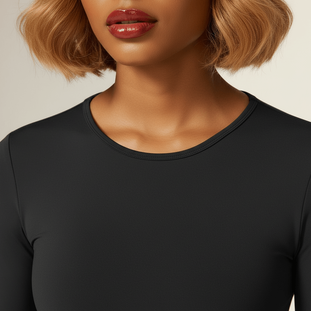 T-shirt compression femme manches longues noir – zoom détail col rond, finitions et coutures premium, fond studio ivoire