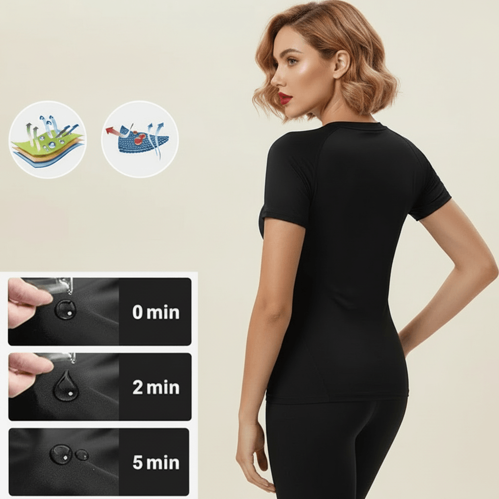 T-shirt compression manches courtes femme noir – vue dos, infographie respirabilité et séchage rapide, tissu technique, femme européenne blonde carré wavy fond studio ivoire