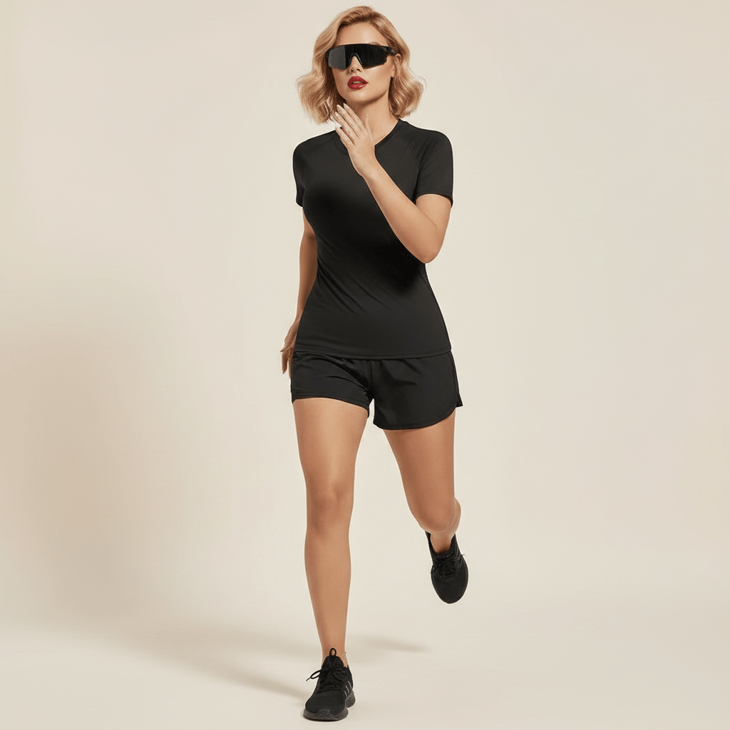 T-shirt compression manches courtes femme noir – pose running dynamique, short noir, lunettes running, femme européenne blonde carré wavy fond studio ivoire