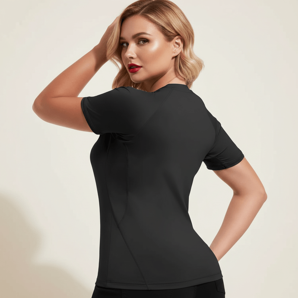 T-shirt compression manches courtes femme noir – vue de dos lisse, dos uni sans couture, femme européenne blonde carré wavy fond studio ivoire