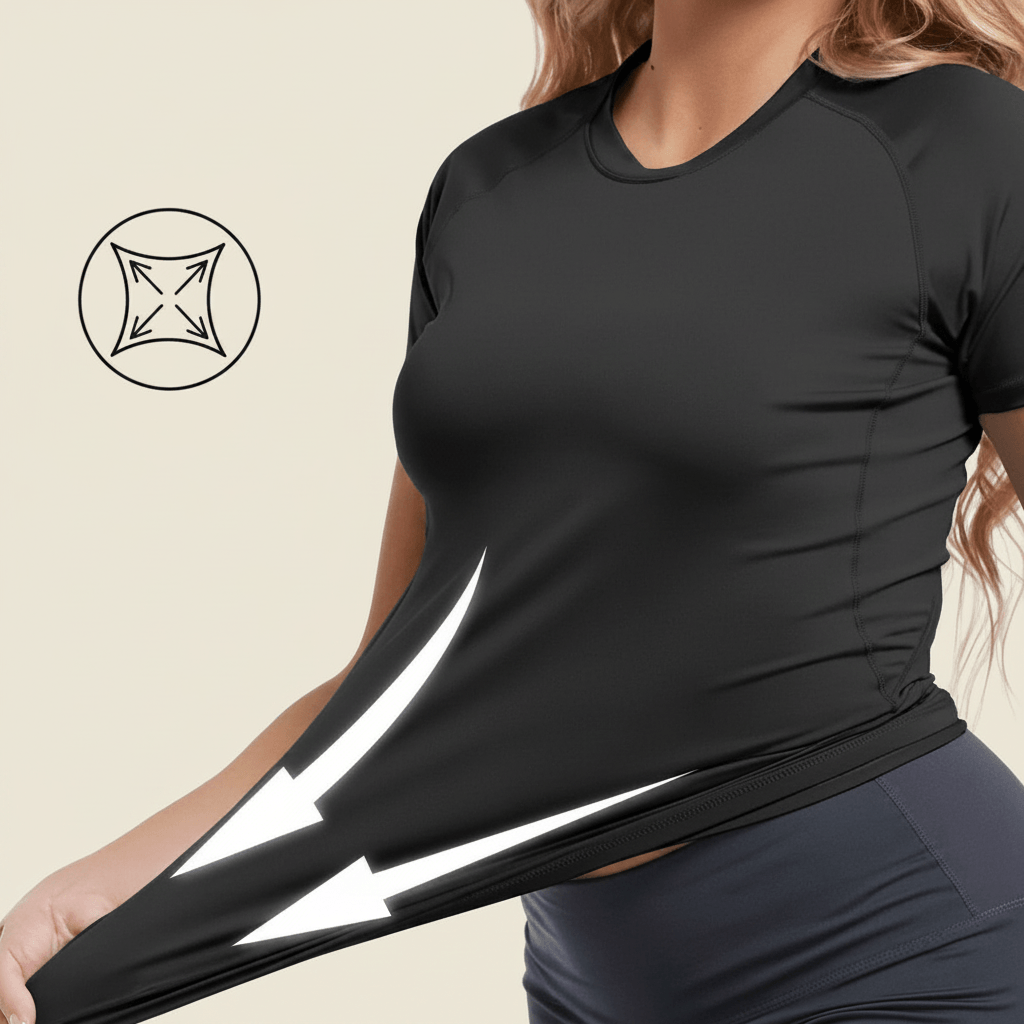 T-shirt compression manches courtes femme noir – zoom tissu extensible 4 directions, matière stretch premium, fond studio ivoire