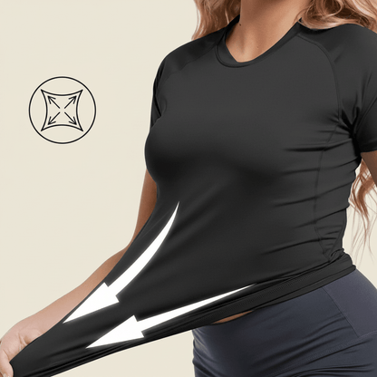T-shirt compression manches courtes femme noir – zoom tissu extensible 4 directions, matière stretch premium, fond studio ivoire