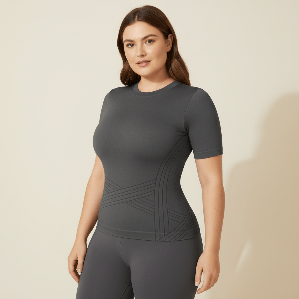 Haut de compression femme grande taille gris foncé, vue de trois quarts, maille sans couture qui ne roule pas, studio fond ivoire.