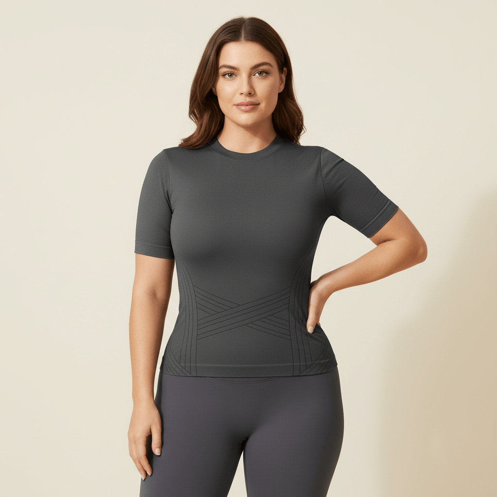 T-shirt de compression 3D en grande taille, coloris gris, vue de face, maintien du buste sans marquer, studio fond ivoire.
