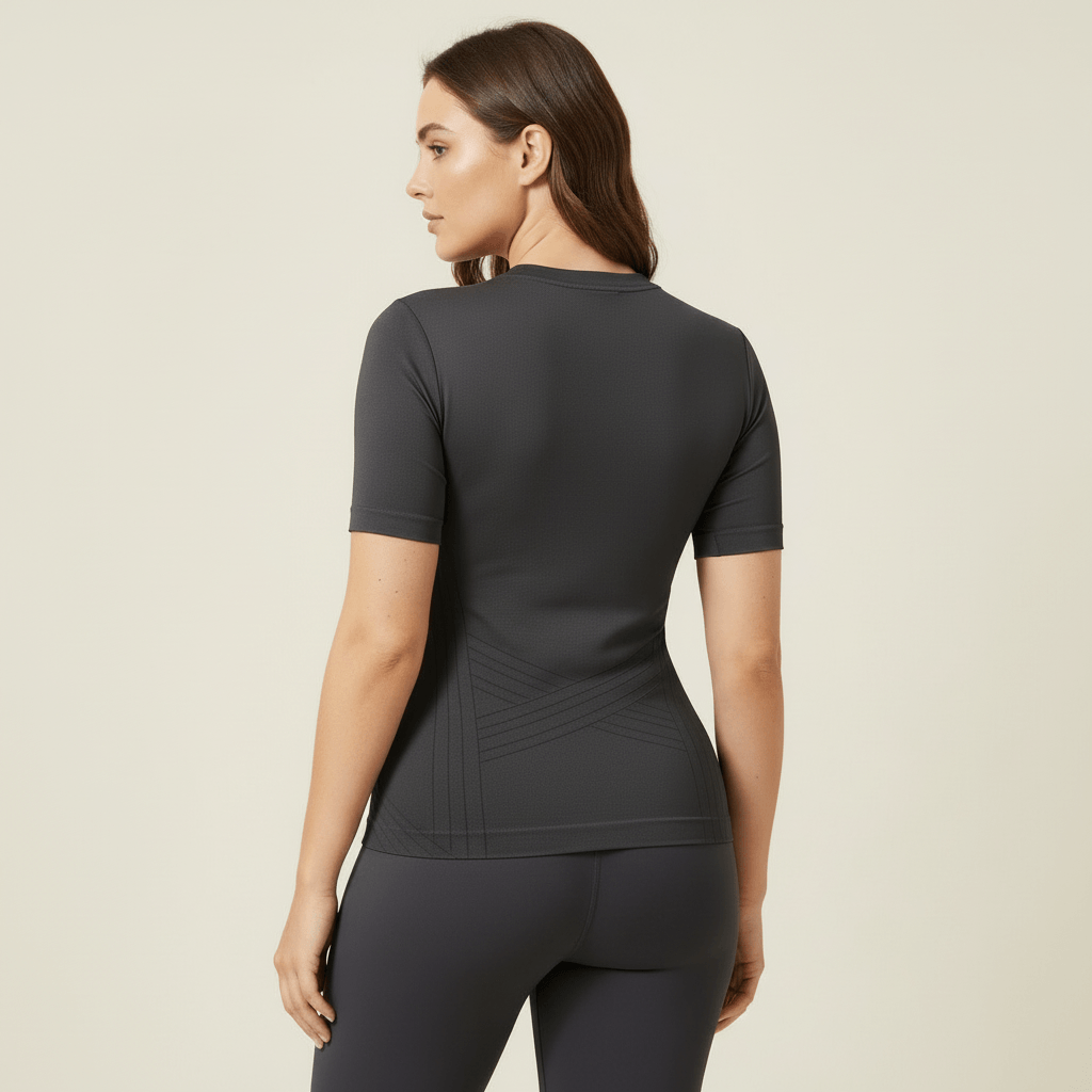 T-shirt de compression 3D en grande taille, coloris gris, vue de dos, maintien du buste sans marquer, studio fond ivoire.