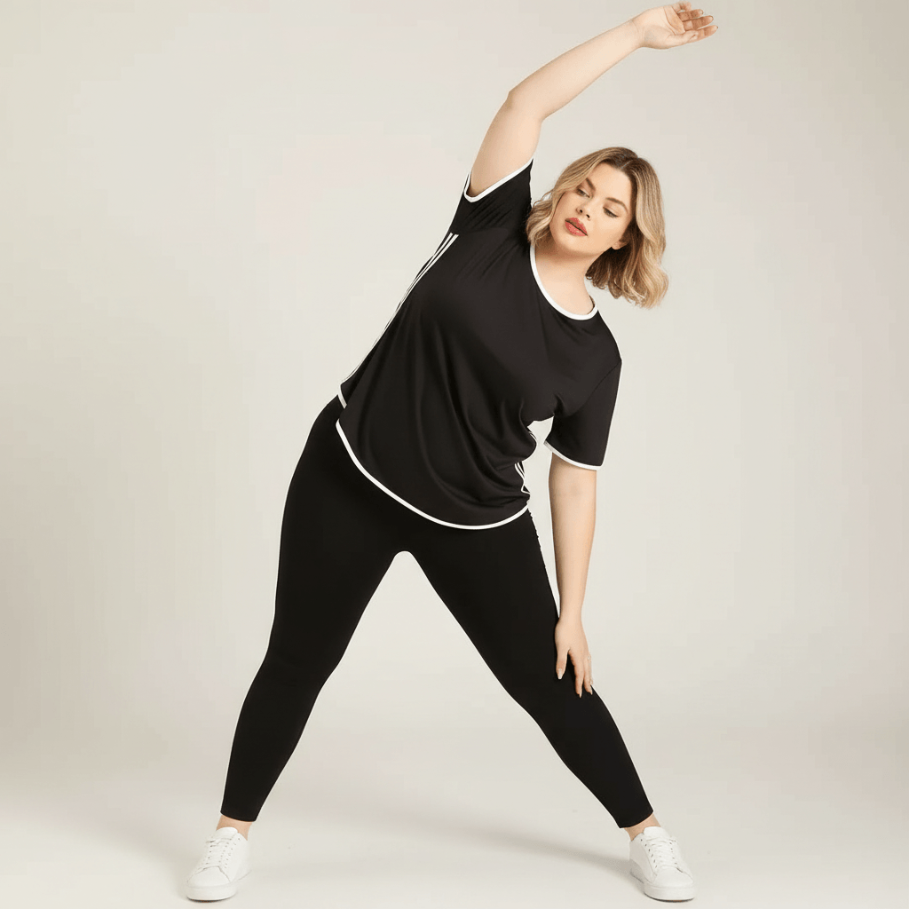 T-shirt de sport femme grande taille noir liserés blancs bras levé étirement latéral fond studio crème