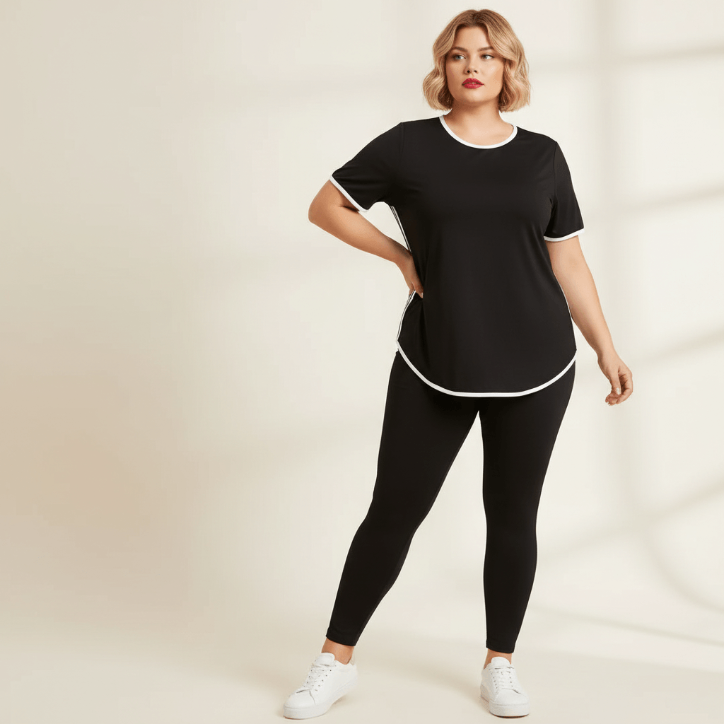 T-shirt de sport femme grande taille noir liserés blancs bandes latérales vue face trois-quarts fond studio crème