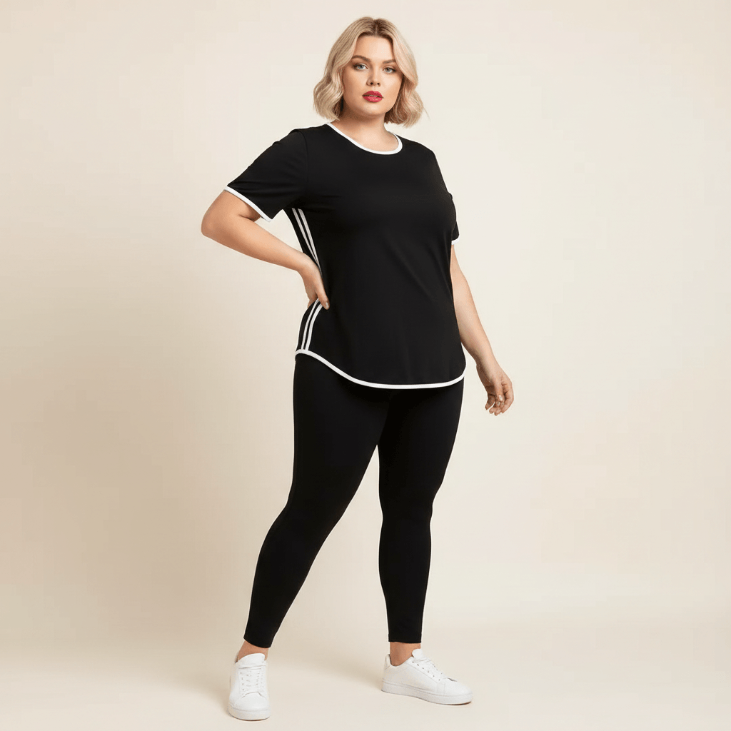 T-shirt de sport femme grande taille noir liserés blancs pose fashion sport éditoriale fond studio crème
