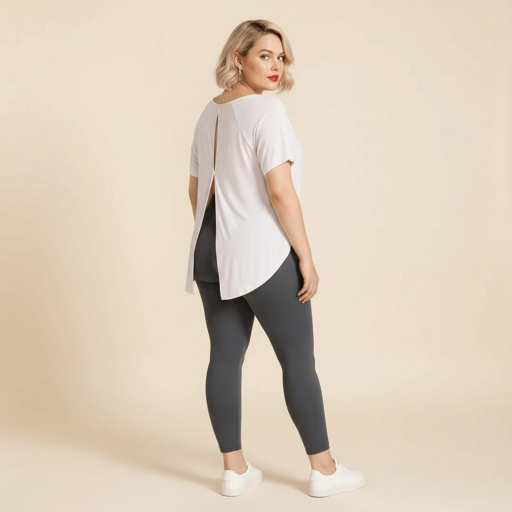 T-shirt de sport femme grande taille rose pâle yoga dos ouvert deux boutons vue dos trois-quarts fond studio crème