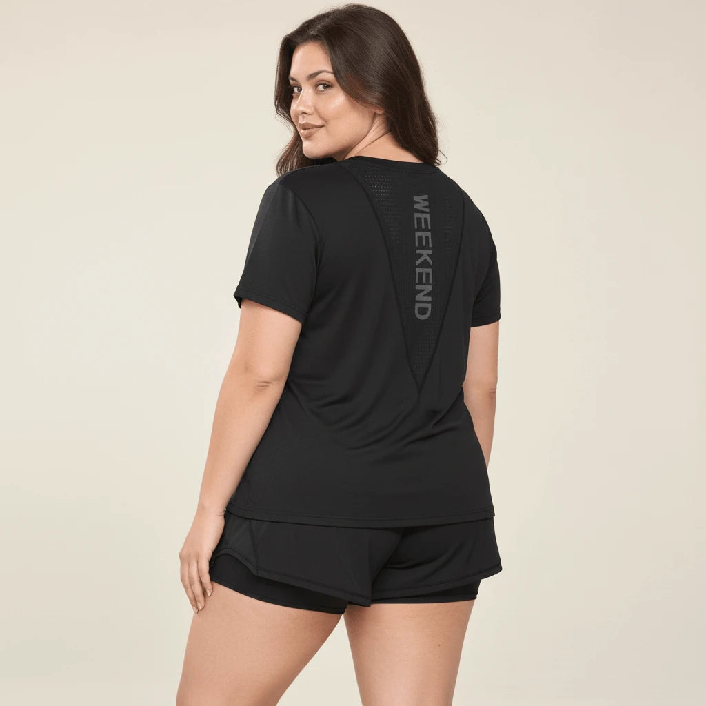 Dos du t-shirt running noir : empiècement mesh perforé en V et inscription verticale Weekend